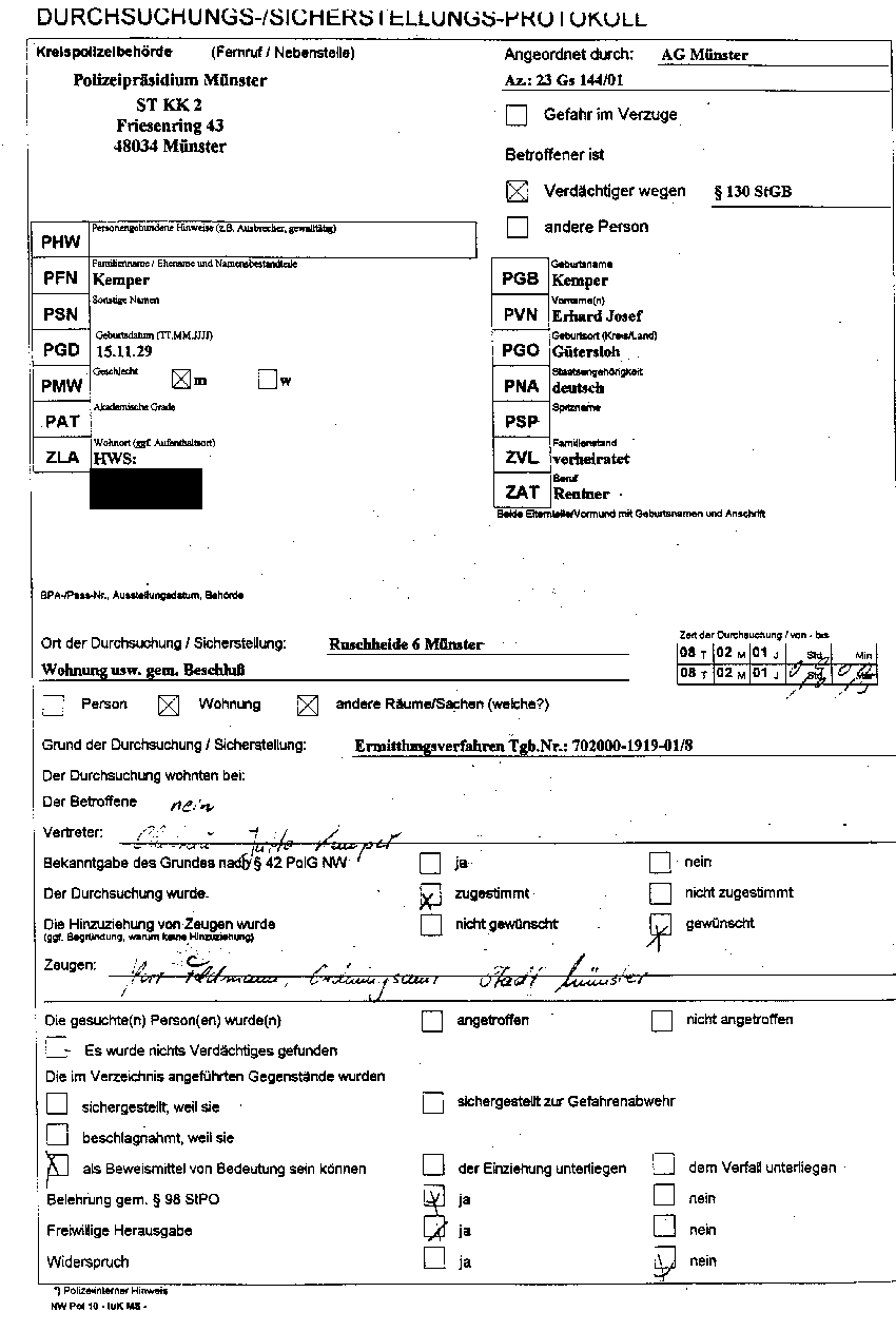 Durchsuchungs-/Sicherstellungsprotokoll
